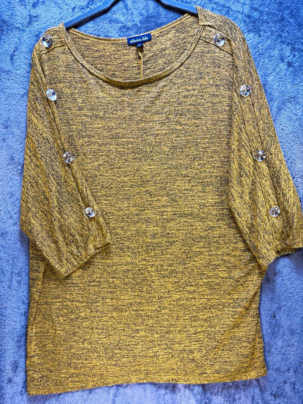 Olivia Blu Women’s Yellow/Black Heathered Scoop Neck 3/4 Sleeve Knit Top L
